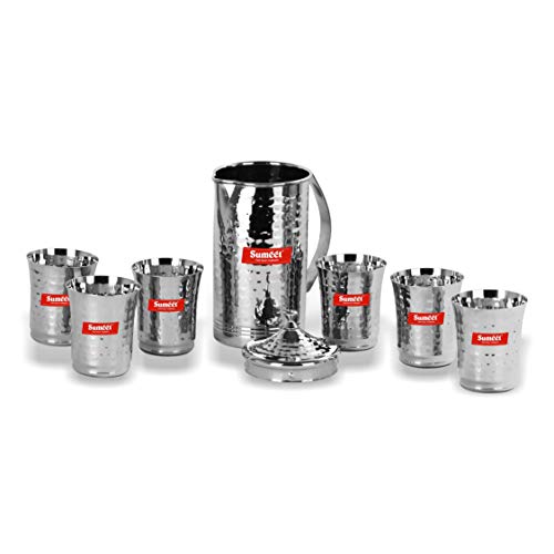 Sumeet Stainless Steel Handcrafted Hammered Texture Jug and Glass Set of 7 Pcs