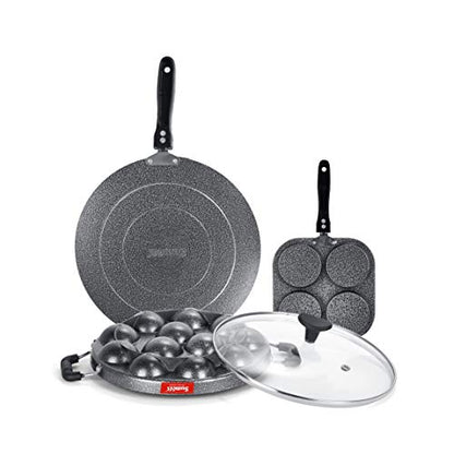 Sumeet NonStick Boz Cookware Set (Mini Multi Snack Maker - 4 Cavity -19.5cm + Grill Appam Patra with Glass Lid - 12 Cavity - 22cm Dia + Conceve/Roti Tawa - 28Cm Dia)