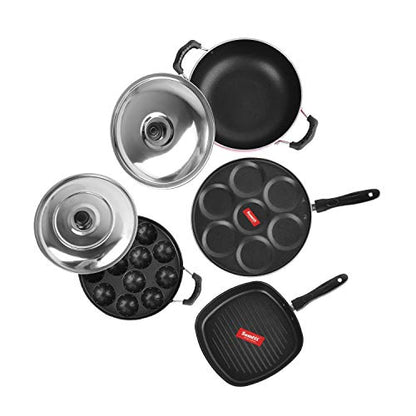 Sumeet 2.6mm Thick Non-Stick Homma Cookware Set (Multi Snack Maker – 26.5cm Dia + Kadhai with Lid – 1.5Ltr Capacity- 20cm Dia + Grill Appam Patra with Lid – 23cm Dia + Grill Pan – 1.1Ltr)