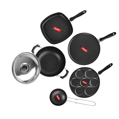 Sumeet 2.6mm Thick Non-Stick Vermello Cookware Set (Dosa Tawa – 26.5cm Dia + Multi Snack Maker – 26.5cm Dia + Kadhai with Lid – 1.5Ltr + Grill Pan – 1.1Ltr + Tadka Pan – 10cm Dia)