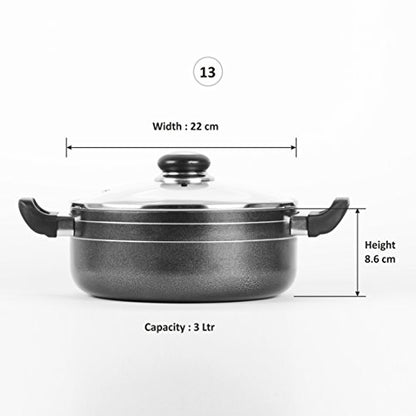 Sumeet 2.6mm Nonstick Casserole 220 mm with Glass lid (3 Ltr, Silver)