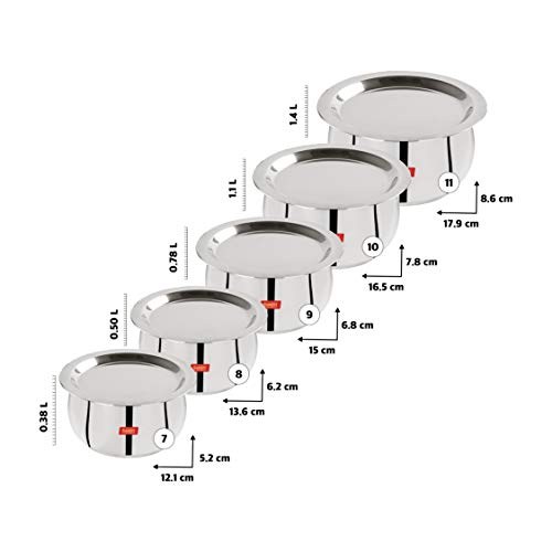 Sumeet Stainless Steel Belly Shape 5 Pc Tope / Cookware/ Pot Set with Lid 380ML, 500ML, 780ML, 1.1Ltr, 1.4Ltr, (Silver)