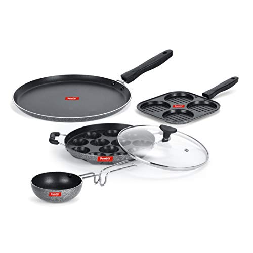 Sumeet NonStick Schwarz Cookware Set (Dosa Tawa-26.5Cm Dia+Mini Multi Snack Maker-4 Cavity-19.5cm+Grill Appam Patra with Glass Lid-12 Cavity-22cm Dia+Waghariya/Tadka pan-190Ml-10Cm Dia)