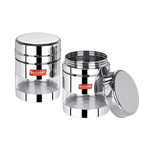 Sumeet Stainless Steel Circular See Through / Transparent Container, Set of 2Pc, 800 Ml each, 10cm Dia, Silver