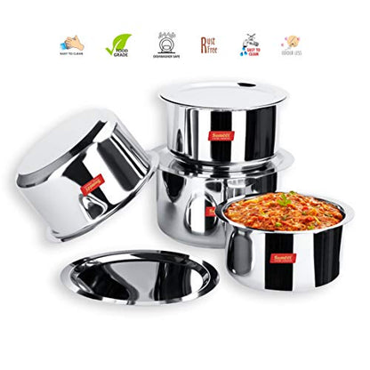 Sumeet 4 Pcs Large Size Stainless Steel Induction & Gas Stove Friendly Container Set/Tope/Cookware Set with Lids - Size No.15 to No.18 - Capacity -3.7 LTR to 6.4 LTR