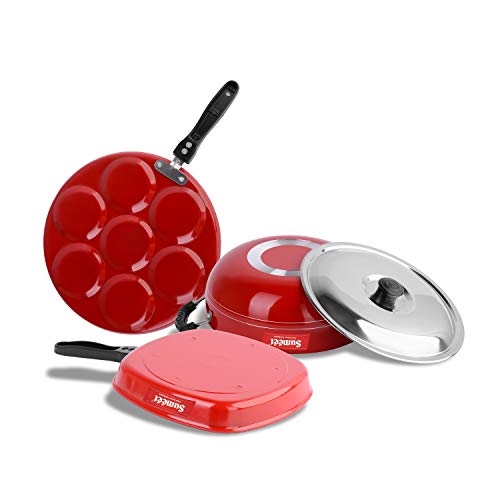 Sumeet 2.6mm Thick Non-Stick Go Red Combo Set (Multi Snack Maker – 26.5cm Dia + Kadhai with Lid – 1.5Ltr Capacity- 20cm Dia + Grill Pan – 1.1Ltr Capacity – 22cm Dia)