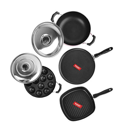 Sumeet 2.6mm Thick Non-Stick Rooi Cookware Set (Dosa Tawa – 26.5cm Dia + Kadhai with Lid – 1.5Ltr Capacity- 20cm Dia + Grill Appam Patra with Lid – 23cm Dia + Grill Pan – 1.1Ltr Capacity – 22cm Dia)