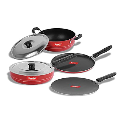 Sumeet 2.6mm Thick Non-Stick MENA Cookware Set (Dosa Tawa – 26.5cm Dia + Concave Tawa – 28cm Dia + Kadhai with Lid – 1.5Ltr Capacity- 20cm Dia + Fry pan – 1.5Ltr Capacity – 21cm Dia)