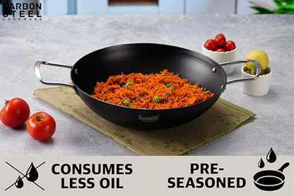 Sumeet Super Smooth Pre Seasoned Carbon Steel (Iron) Deep Kadai for Cooking and Deep Frying|Naturally Nonstick |29.6cm | 3500ml, Gas & Induction-Friendly, Black