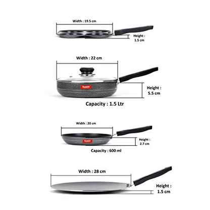 Sumeet NonStick Musta Cookware Set (Mini Multi Snack Maker - 4 Cavity -19.5cm + Frypan with Glass Lid - 1.5Ltr - 22Cm Dia + Tapper pan - 0.6Ltr - 20Cm Dia + Conceve/Roti Tawa - 28Cm Dia)