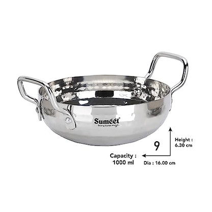 Sumeet Stainless Steel Handcrafted Hammered Mathar Kadai for Kitchen, Small Size, 1000ML, 16cm Dia, Pack of 1, Silver