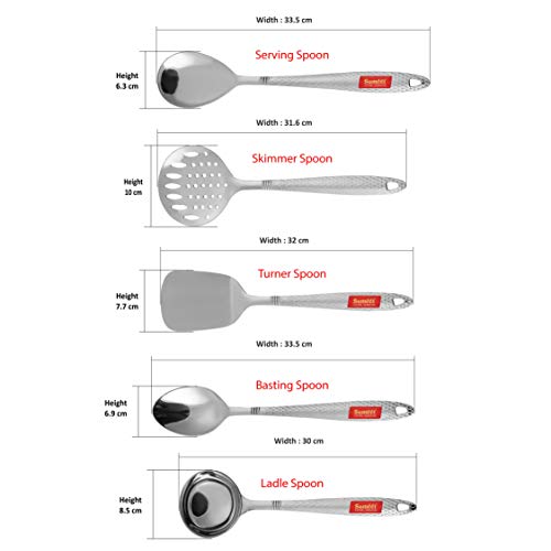 Sumeet Stainless Steel Big Serving and Cooking Spoon Set of 5pc (1 Turner, 1 Serving Spoon, 1 Skimmer, 1 Basting Spoon, 1 Ladle)