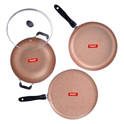 Sumeet Nonstick Granite Finish ETHENA Kitchen Set (Dosa Tawa - 26.5cm Dia + Kadhai with Glass Lid - 2.5 LTR Capacity - 24.5cm Dia+ Fry Pan 1.8 LTR Capacity - 24cm Dia)