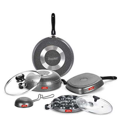 Sumeet NonStick Goal Cookware Set (Dosa Tawa-26.5Cm Dia+Kadhai with Glass Lid-2Ltr-22Cm Dia+Grill Appam Patra with Glass Lid-12 Cavity-22cm Dia+Grill Pan-22cm Dia+Tadka pan-190Ml-10Cm Dia)