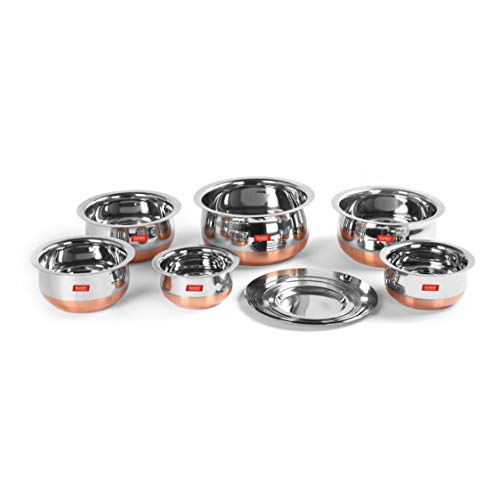 Sumeet Stainless Steel Copper Bottom Belly Shape 6 Pc Tope / Cookware/ Pot Set with Lid 380ML, 500ML, 780ML, 1.1Ltr, 1.4Ltr, 1.75Ltr (Silver)