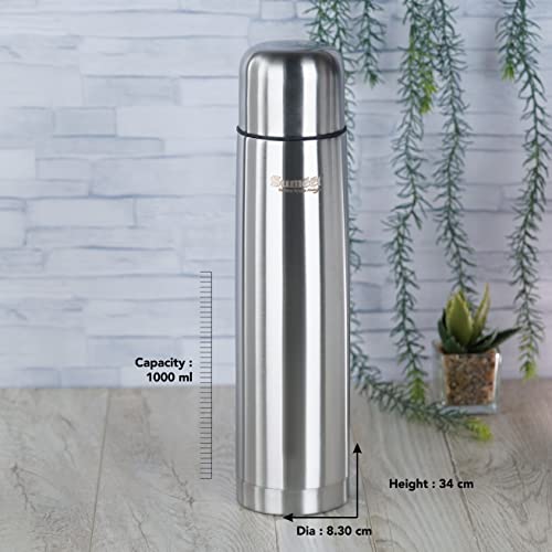 Sumeet Stainless Steel Double Walled Flask / Water Bottle, with Flip Lid, 24 Hours Hot and Cold, 1000 ml, Silver - Set of 2 Pcs