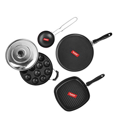 Sumeet 2.6mm Thick Non-Stick Marpo Cookware Set (Dosa Tawa – 26.5cm Dia + Grill Appam Patra with Lid – 23cm Dia + Grill Appam Patra with Lid – 23cm Dia + Tadka Pan – 10cm Dia)