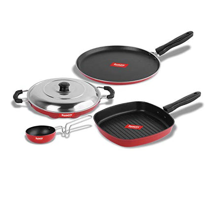 Sumeet 2.6mm Thick Non-Stick Marpo Cookware Set (Dosa Tawa – 26.5cm Dia + Grill Appam Patra with Lid – 23cm Dia + Grill Appam Patra with Lid – 23cm Dia + Tadka Pan – 10cm Dia)