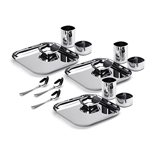 Sumeet Square Stainless Steel Heavy Gauge Mirror Finish Dinner Set of 15 Pc (3 Plate, 3 Halwa Plate, 3 Bowl , 3 Glass, 3 Spoon)