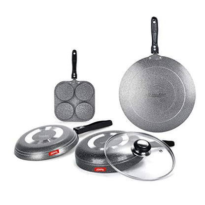 Sumeet NonStick Musta Cookware Set (Mini Multi Snack Maker - 4 Cavity -19.5cm + Frypan with Glass Lid - 1.5Ltr - 22Cm Dia + Tapper pan - 0.6Ltr - 20Cm Dia + Conceve/Roti Tawa - 28Cm Dia)