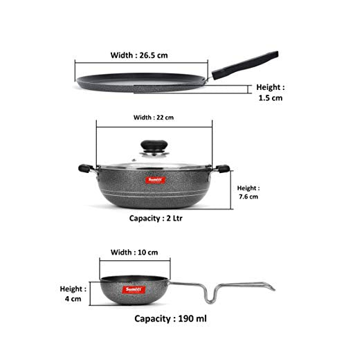 Sumeet NonStick Volafotsy Cookware Set (Dosa Tawa - 26.5Cm Dia + Kadhai with Glass Lid -2Ltr - 22Cm Dia + Waghariya/Tadka pan - 190Ml - 10Cm Dia)