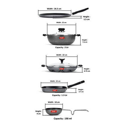 Sumeet NonStick Goal Cookware Set (Dosa Tawa-26.5Cm Dia+Kadhai with Glass Lid-2Ltr-22Cm Dia+Grill Appam Patra with Glass Lid-12 Cavity-22cm Dia+Grill Pan-22cm Dia+Tadka pan-190Ml-10Cm Dia)