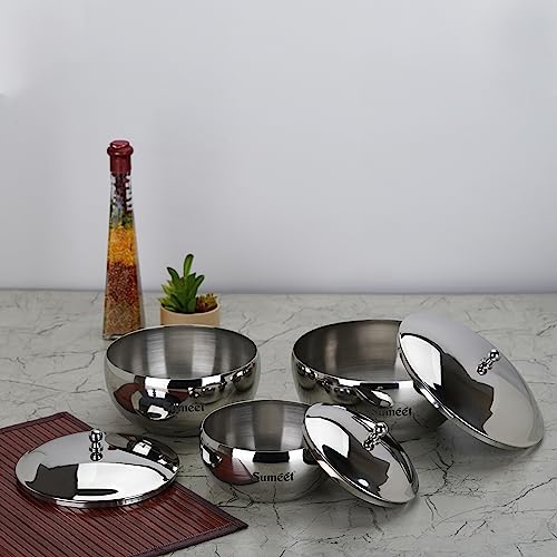 Sumeet Big Size Stainless Steel Cook and Serve Induction Handi Set with Lid, Set of 3Pc, 700ML,1300ML & 1800ML, Silver