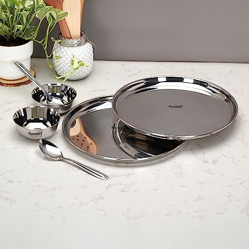 Sumeet Stainless Steel Heavy Gauge Mirror Finish Dinner Set of 6 Pcs (2 Plate, 2 Bowl/Wati, 2 Spoon), Silver