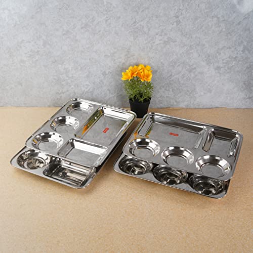 Sumeet Stainless Steel Rectangular 5 in 1 Compartment Lunch / Dinner Plate Set of 4Pcs, 37.4cm Dia, Silver