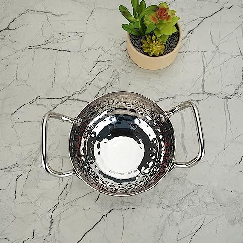 Sumeet Stainless Steel Handcrafted Hammered Mathar Kadai for Kitchen, Small Size, 450ML, 12cm Dia, Pack of 1, Silver