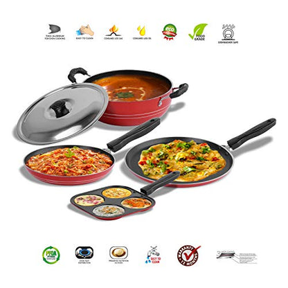 Sumeet 2.6mm Thick Non-Stick Rodze Cookware Set (Dosa Tawa – 26.5cm Dia + Mini Multi Snack Maker – 19.5cm Dia + Kadhai with Lid – 1.5Ltr Capacity- 20cm Dia + Tapper pan – 20cm Dia)