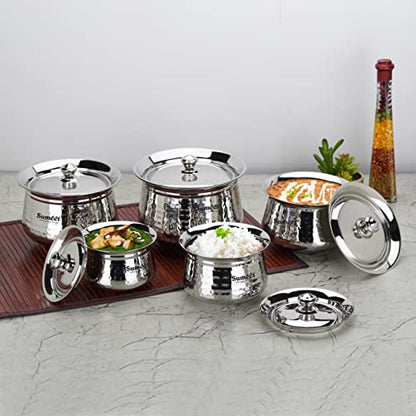 Sumeet Stainless Steel Handcrafted Hammered Texture Handi Set with Lid for Kitchen, Set of 5, 460ml, 650ml, 950ml, 1300ml & 1700ml, Silver