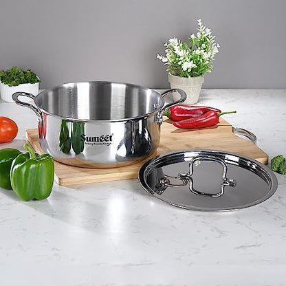 Sumeet Cook Smart TriPly SAS (Steel-Aluminium-Steel - 3 Layers) Casserole/Biryani Pot/Stock Pot with S.S. Lid- 3.75Ltr - 22 Cm, Silver