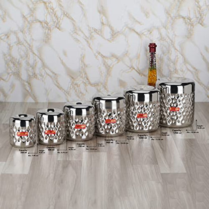 Sumeet Stainless Steel Vertical Utility Canisters/Ubha Dabba/Storage Containers with Design Set of 6pcs (350ml, 500ml,700ml,900ml,1200ml,1700ml), Silver