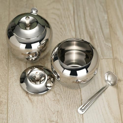 Sumeet Stainless Steel Apple Shape Ghee and Oil Pot, Storage Container with Spoon for Kitchen, 7.5cm Dia, 220ML - Silver (Pack of 2)