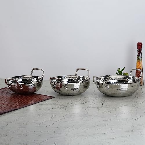 Sumeet Stainless Steel Handcrafted Hammered Mathar Kadai for Kitchen, 1350ML, 1700ML & 2250ML, 18cm, 20cm & 22cm Dia, Pack of 3, Silver