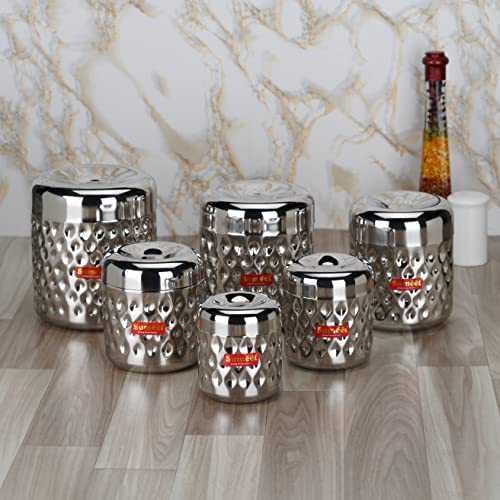 Sumeet Stainless Steel Vertical Utility Canisters/Ubha Dabba/Storage Containers with Design Set of 6pcs (350ml, 500ml,700ml,900ml,1200ml,1700ml), Silver