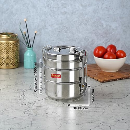 Sumeet Stainless Steel Small Size 3 Compartment Lunch Box/Tiffin with Lid and Handle, 10Cm Dia, (1000ML, Silver)