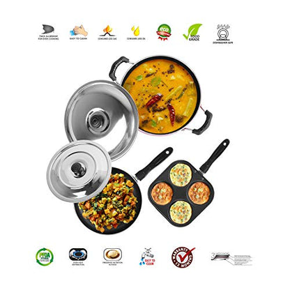 Sumeet 2.6mm Thick Non-Stick Garnet Combo Set (Mini Multi Snack Maker – 19.5cm Dia + Kadhai with Lid – 1.5Ltr Capacity- 20cm Dia + Fry pan – 1.5Ltr Capacity – 21cm Dia)