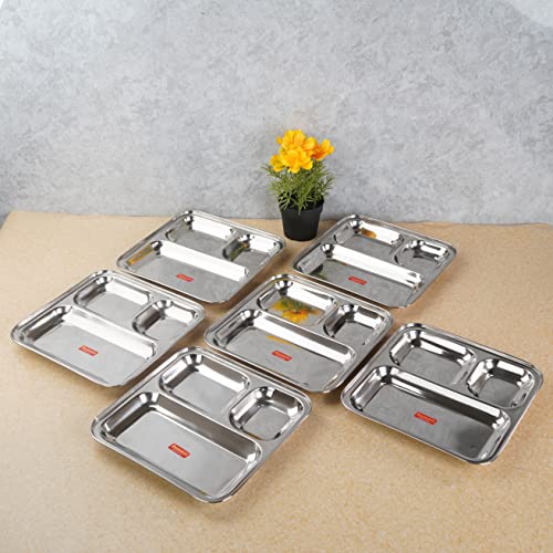 Sumeet Stainless Steel 3 in 1 Idli WADA Compartment Plate / Snack Plate / Breakfast Plate Set of 6Pcs, 24.5cm Dia, Silver
