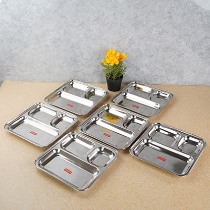 Sumeet Stainless Steel 3 in 1 Idli WADA Compartment Plate / Snack Plate / Breakfast Plate Set of 6Pcs, 24.5cm Dia, Silver