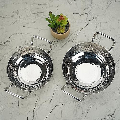 Sumeet Stainless Steel Handcrafted Hammered Mathar Kadai for Kitchen, Small Size, 550ML & 1000ML, 14cm & 16cm Dia, Pack of 2, Silver