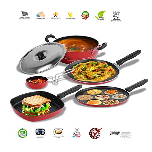 Sumeet 2.6mm Thick Non-Stick Vermello Cookware Set (Dosa Tawa – 26.5cm Dia + Multi Snack Maker – 26.5cm Dia + Kadhai with Lid – 1.5Ltr + Grill Pan – 1.1Ltr + Tadka Pan – 10cm Dia)