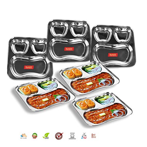 Sumeet Stainless Steel 3 in 1 Pav Bhaji Plate/Compartment Plate 24.5cm Dia - Set of 6pc