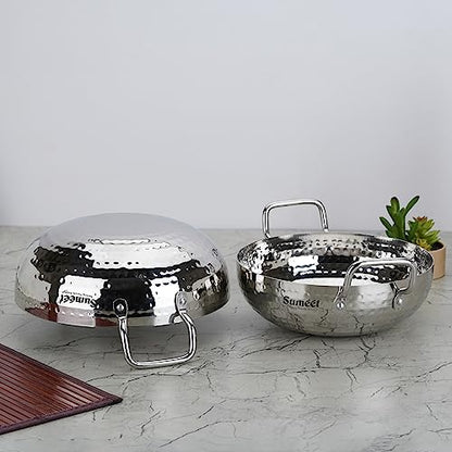 Sumeet Stainless Steel Handcrafted Hammered Mathar Kadai for Kitchen, Medium & Big Size, 2250ML & 2850ML, 22cm & 24cm Dia, Pack of 2, Silver