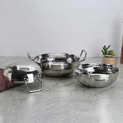 Sumeet Stainless Steel Handcrafted Hammered Mathar Kadai for Kitchen, 1000ML, 1350ML & 1700ML, 16cm, 18cm & 20cm Dia, Pack of 3, Silver