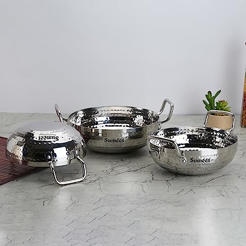 Sumeet Stainless Steel Handcrafted Hammered Mathar Kadai for Kitchen, 1350ML, 1700ML & 2250ML, 18cm, 20cm & 22cm Dia, Pack of 3, Silver