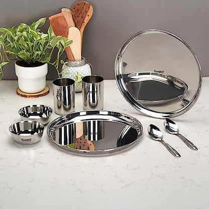 Sumeet Stainless Steel Heavy Gauge Mirror Finish Dinner Set of 8 Pcs (2 Plate, 2 Bowl/Wati, 2 Glass, 2 Spoon), Silver