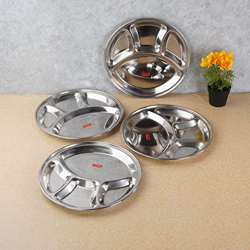 Sumeet Stainless Steel Round 4 in 1 Compartment Lunch / Dinner Plate Set of 4Pcs, 32.5cm Dia, Silver