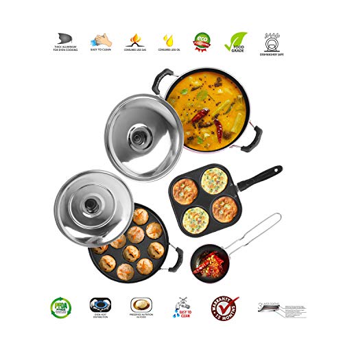 Sumeet 2.6mm Thick Non-Stick RUA Cookware Set (Mini Multi Snack Maker – 19.5cm Dia + Kadhai with Lid – 1.5Ltr + Grill Appam Patra with Lid – 23cm Dia + Tadka Pan - 10cm Dia